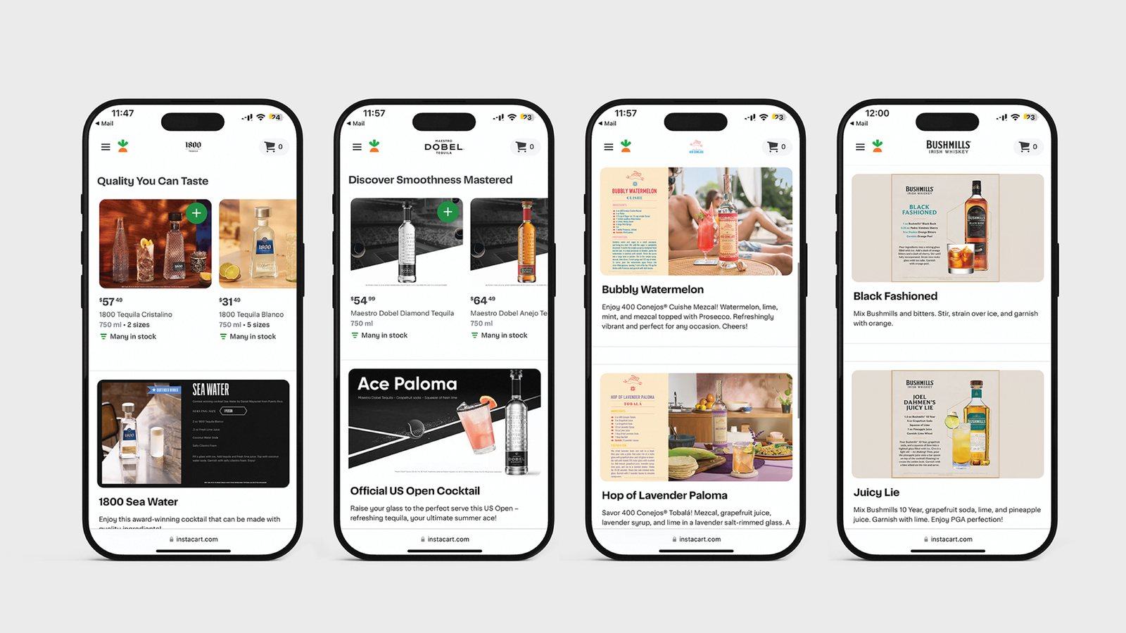 Four Instacart brand stores side by side: 1800 Tequila, Maestro Dobel, 400 Conejos and Bushmills