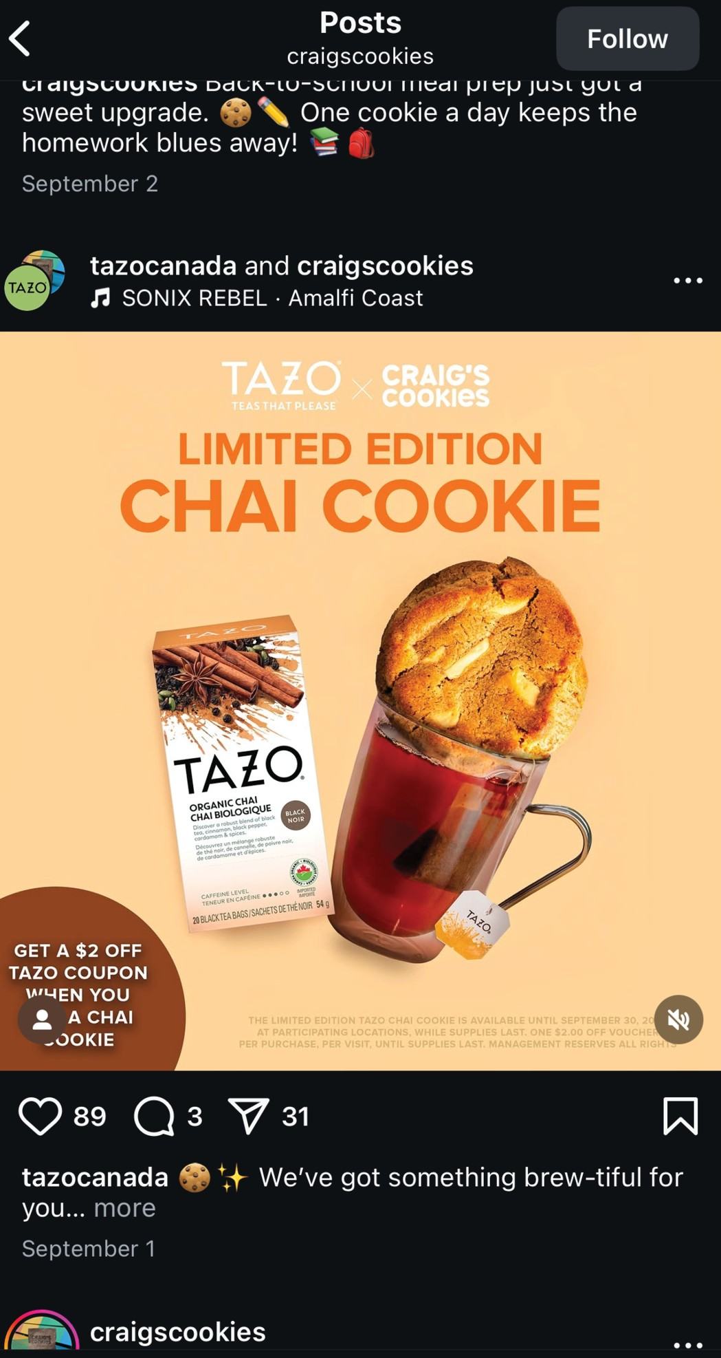 The live Instagram collaboration post from tazocanada and craigscookies