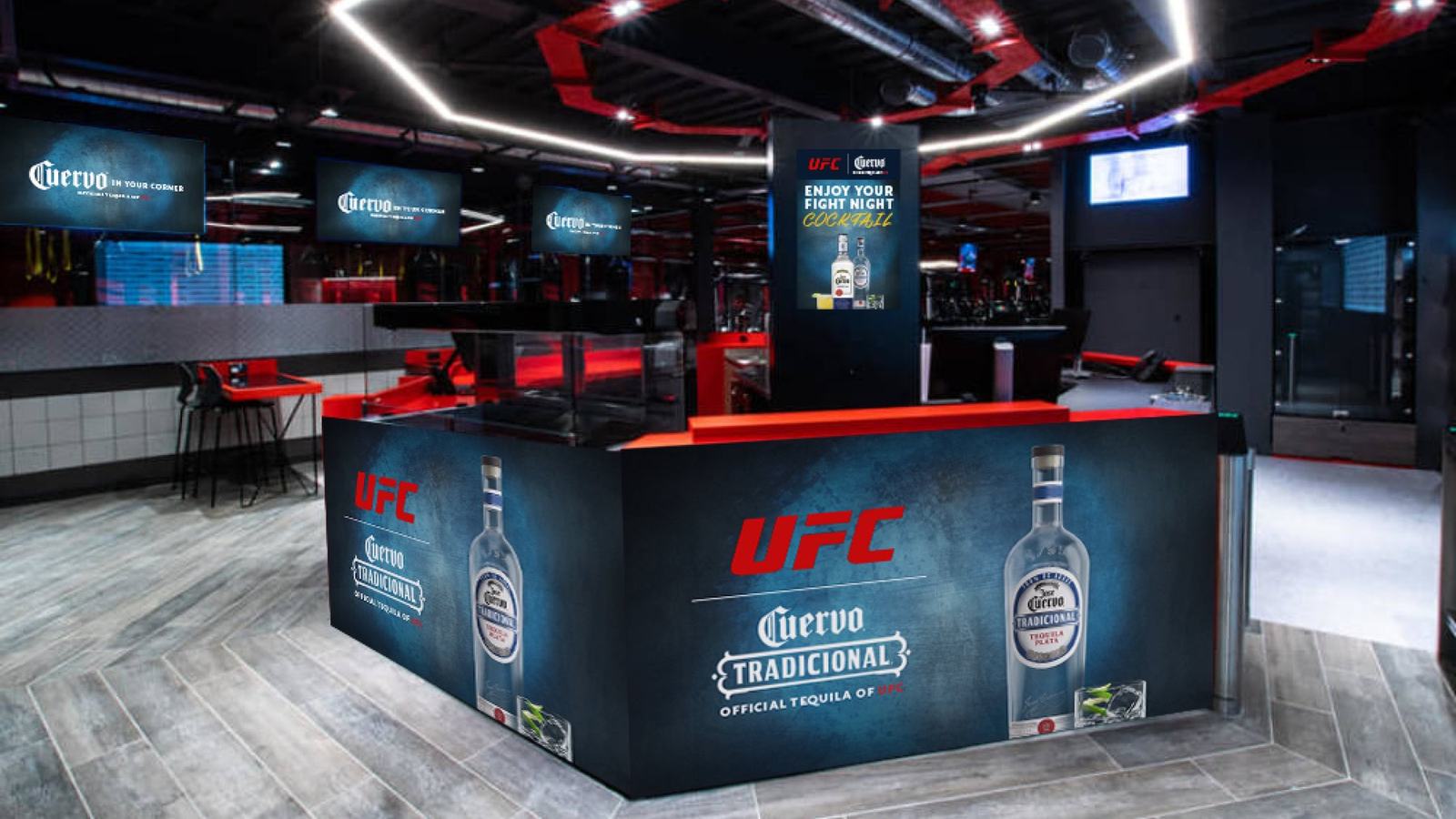 Bar counter wrapped in the UFC and Cuervo Tradicional lockup with a fight night cocktail screen