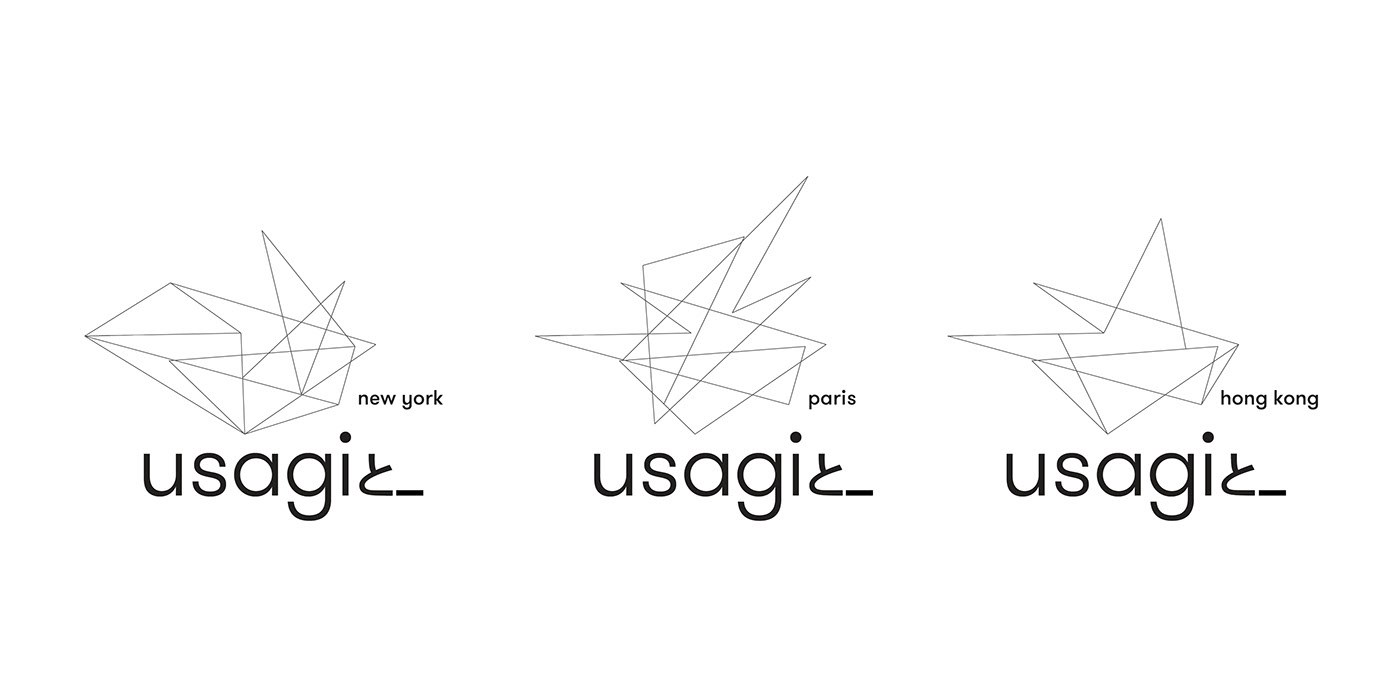 Usagi logos for New York, Paris and Hong Kong, each built around the core mark