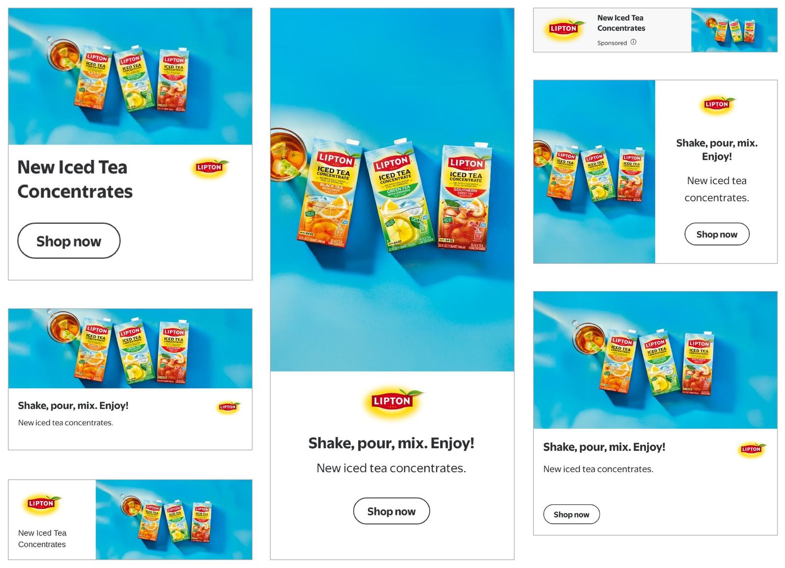 Lipton display ads for Walmart in several sizes, each with the three concentrate cartons on blue